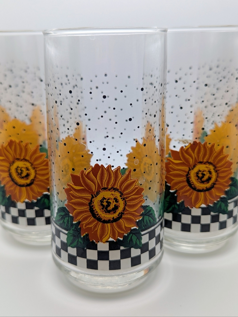 CRISA Sunflower Checkerboard highball Glasses - Set of 5 Yellow Floral Drinkware
